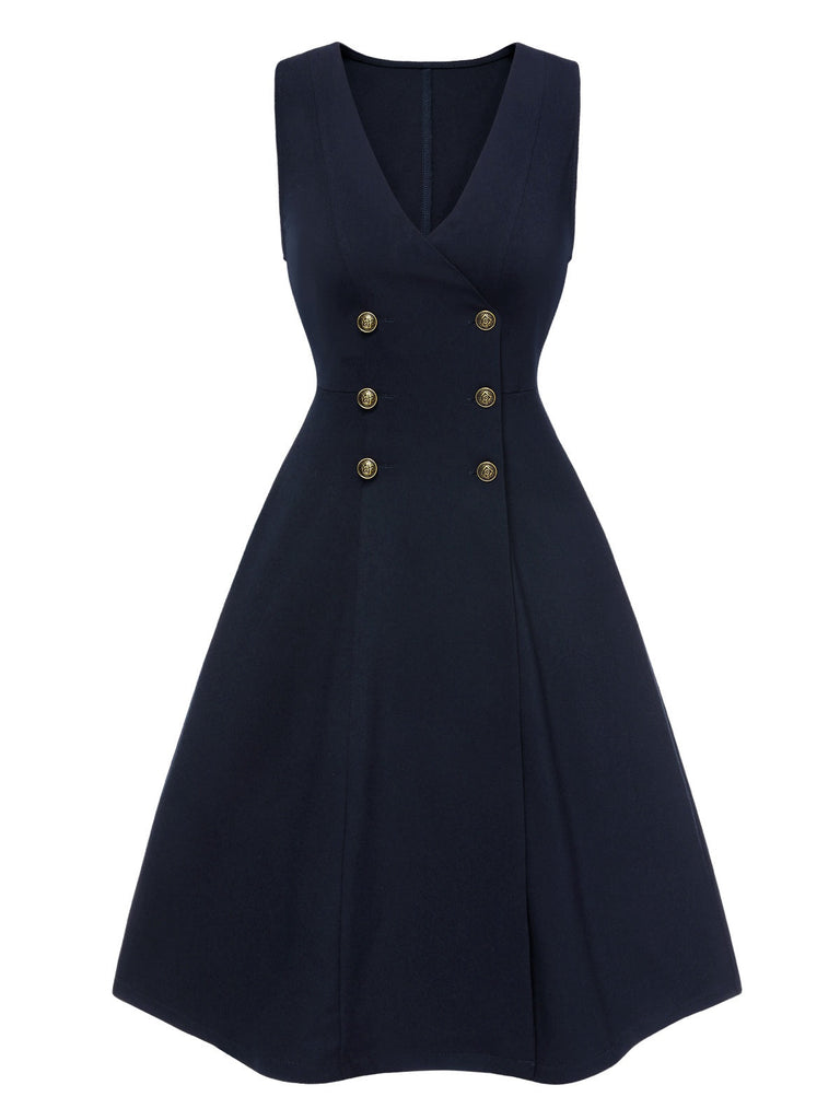 [Vorverkauf] Blau 1940er V-Ausschnitt Vest Knöpfen Kleid