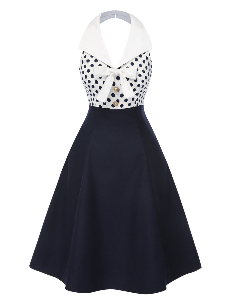 [Vorverkauf] Blau 1950er Revers Polka Dots Halter Kleid