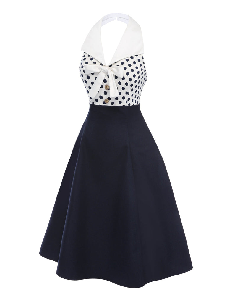 [Vorverkauf] Blau 1950er Revers Polka Dots Halter Kleid