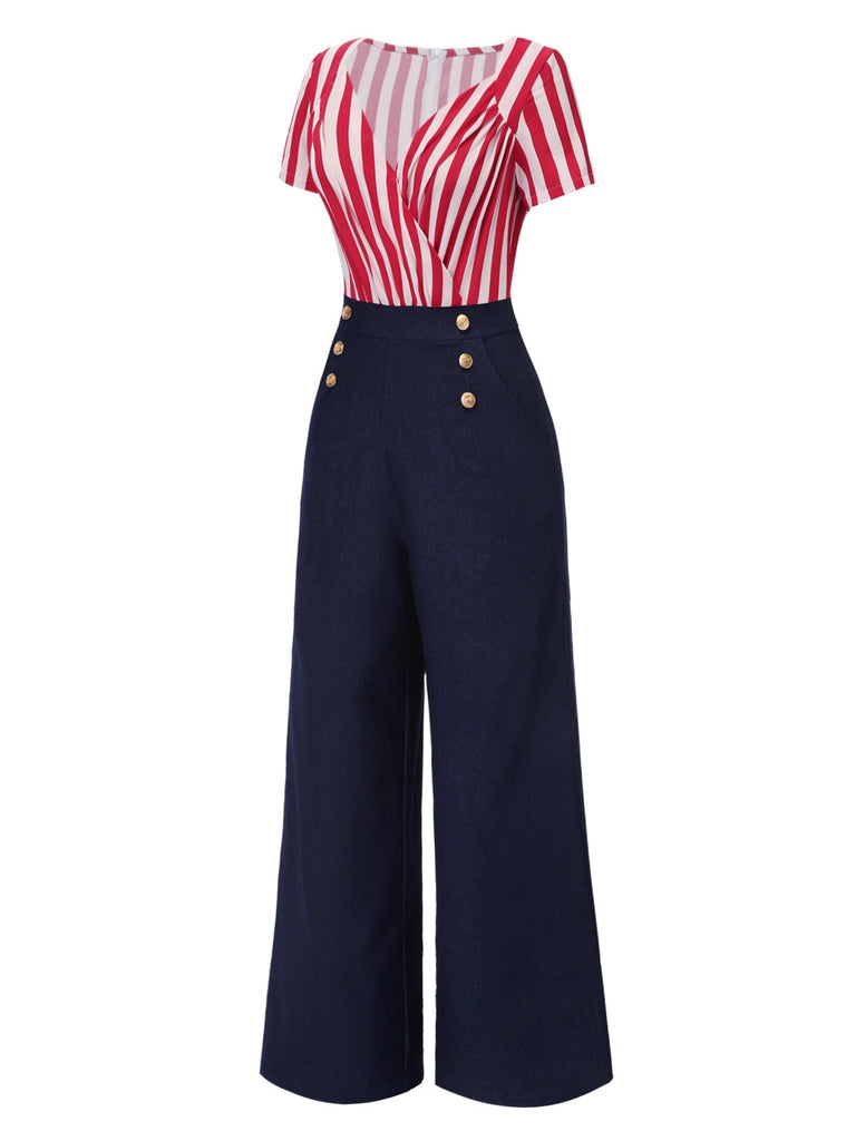 [Vorverkauf] Rot 1950er Vertikal Streifen Patchwork Jumpsuit