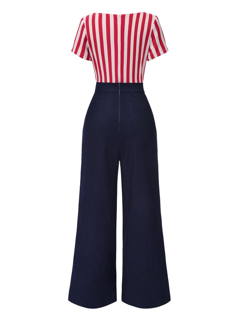 [Vorverkauf] Rot 1950er Vertikal Streifen Patchwork Jumpsuit