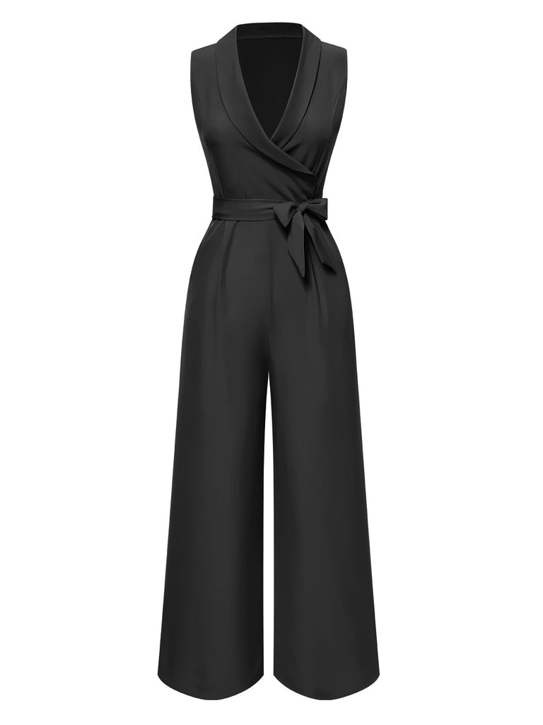 1930er V-Ausschnitt Solide Gürtel Ärmellos Jumpsuit