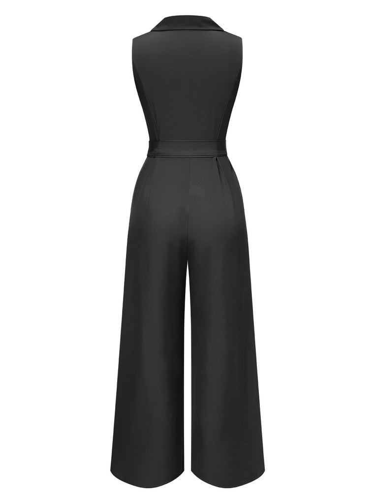 1930er V-Ausschnitt Solide Gürtel Ärmellos Jumpsuit