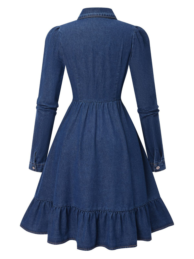 Blau 1970er Hemdkragen Knöpfen Denim Kleid