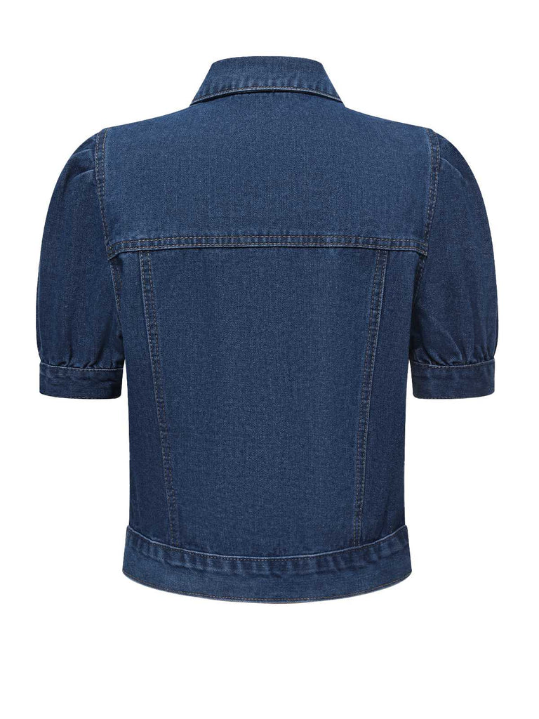 Blau 1950er Puffärmel Denim Kurzer Mantel