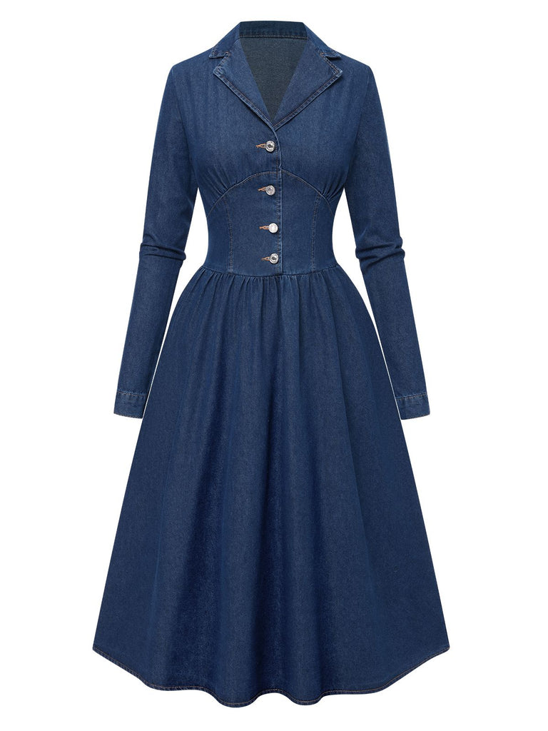 Blau 1970er Kerbkragen Lang Denim Kleid