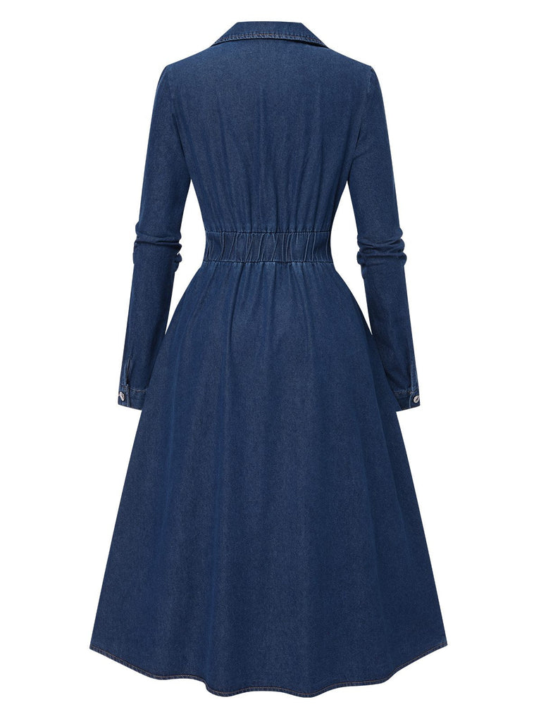 Blau 1970er Kerbkragen Lang Denim Kleid