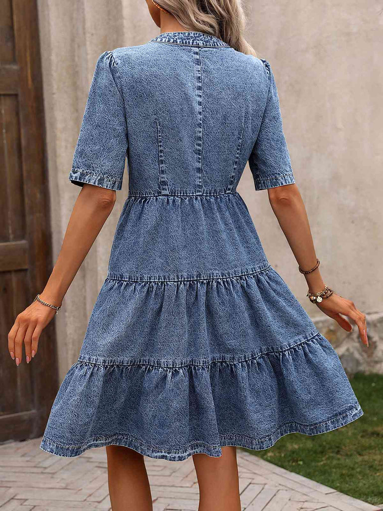 Blau 1970er V-Ausschnitt Halbe Ärmel Denim Kleid