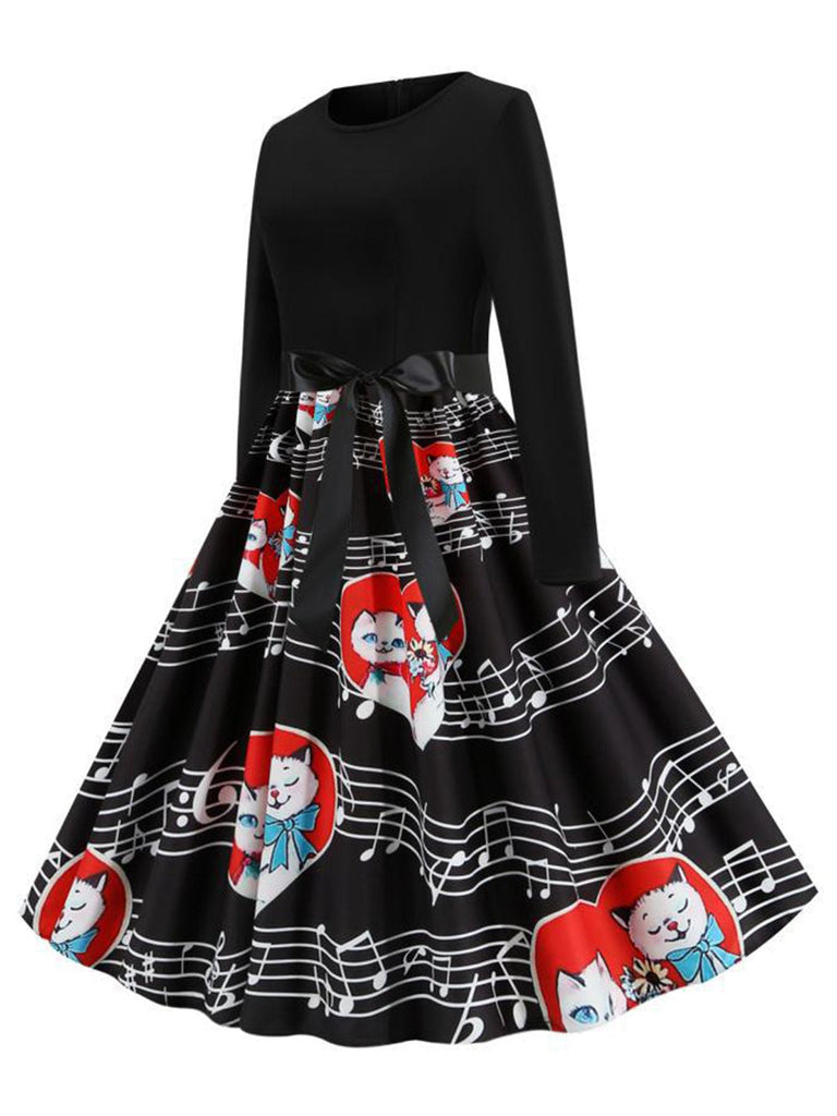 Schwarz 1950er Valentinstag Katze & Musiknote Patchwork Kleid