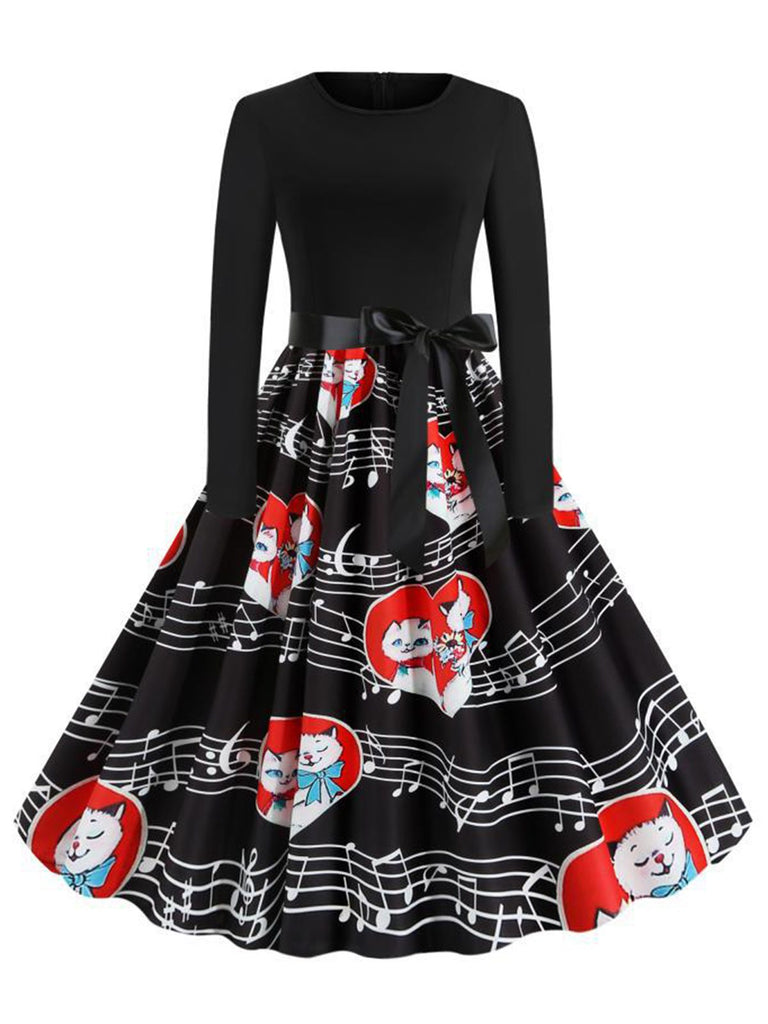 Schwarz 1950er Valentinstag Katze & Musiknote Patchwork Kleid