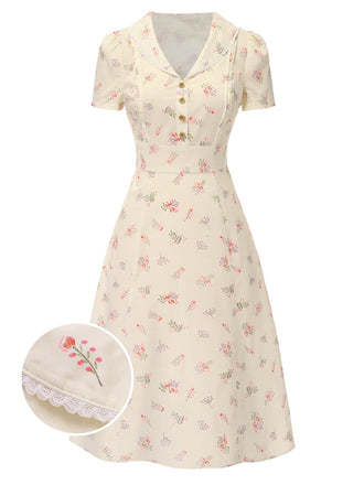 Beige 1940er Puffärmel Revers Blumen Kleid