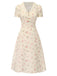 [Vorverkauf] Beige 1940er Puffärmel Revers Blumen Kleid