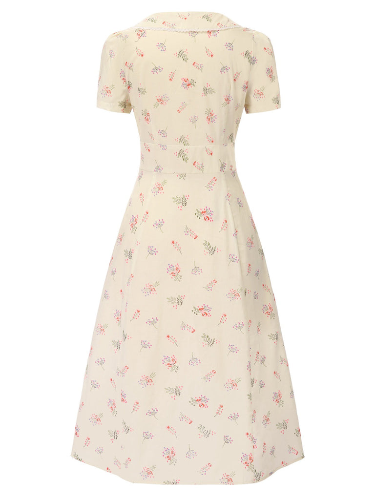 [Vorverkauf] Beige 1940er Puffärmel Revers Blumen Kleid