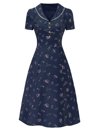 Blau 1940er Puffärmel Revers Blumen Kleid