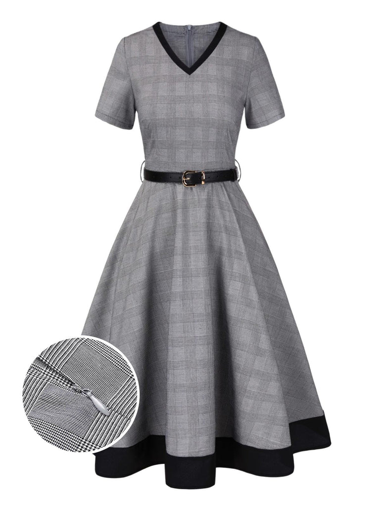 Grau 1950er Hahnentritt Gürtel Kleid