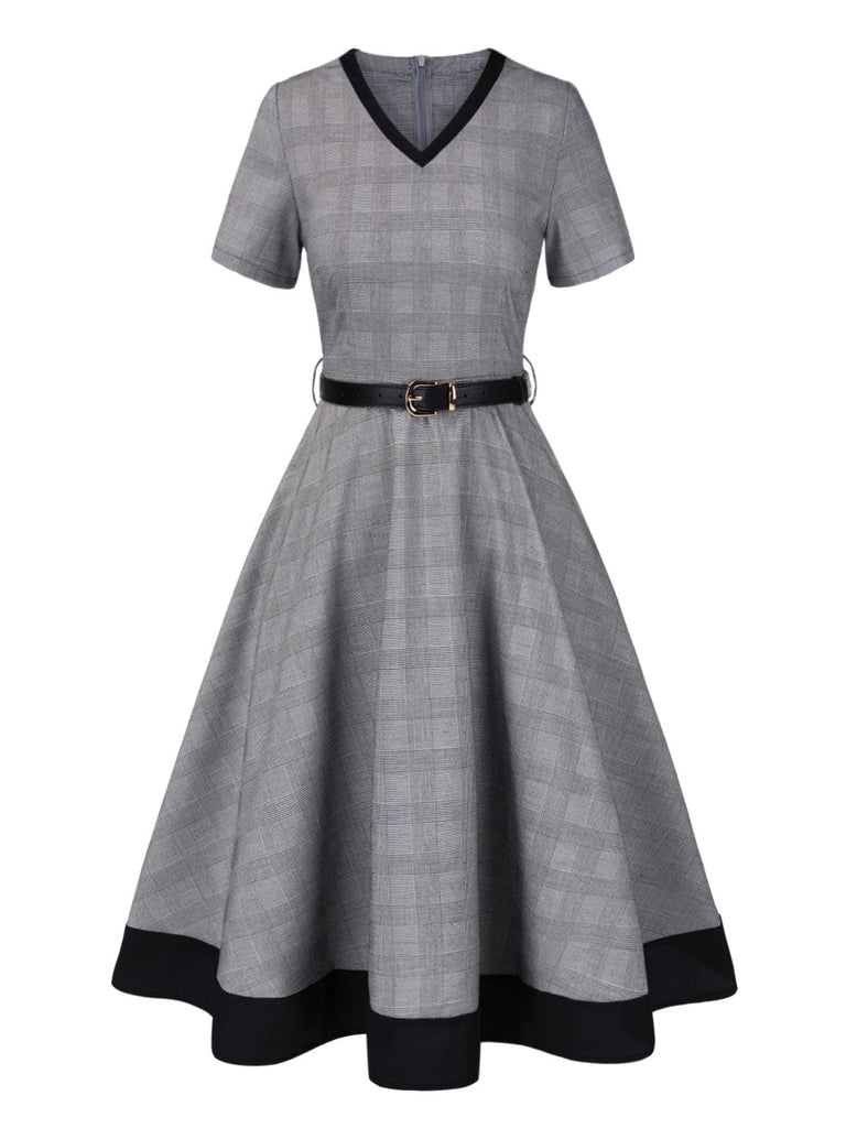 Grau 1950er Hahnentritt Gürtel Kleid