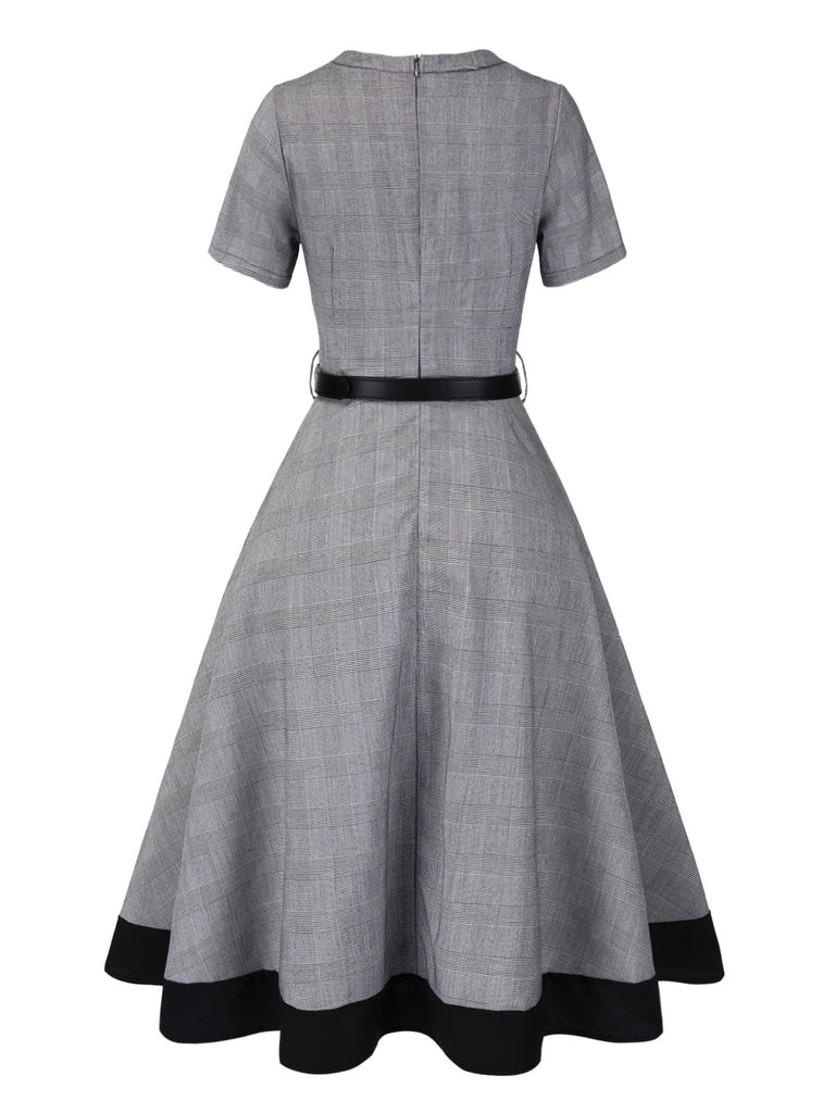 [Vorverkauf] Grau 1950er Hahnentritt Gürtel Kleid