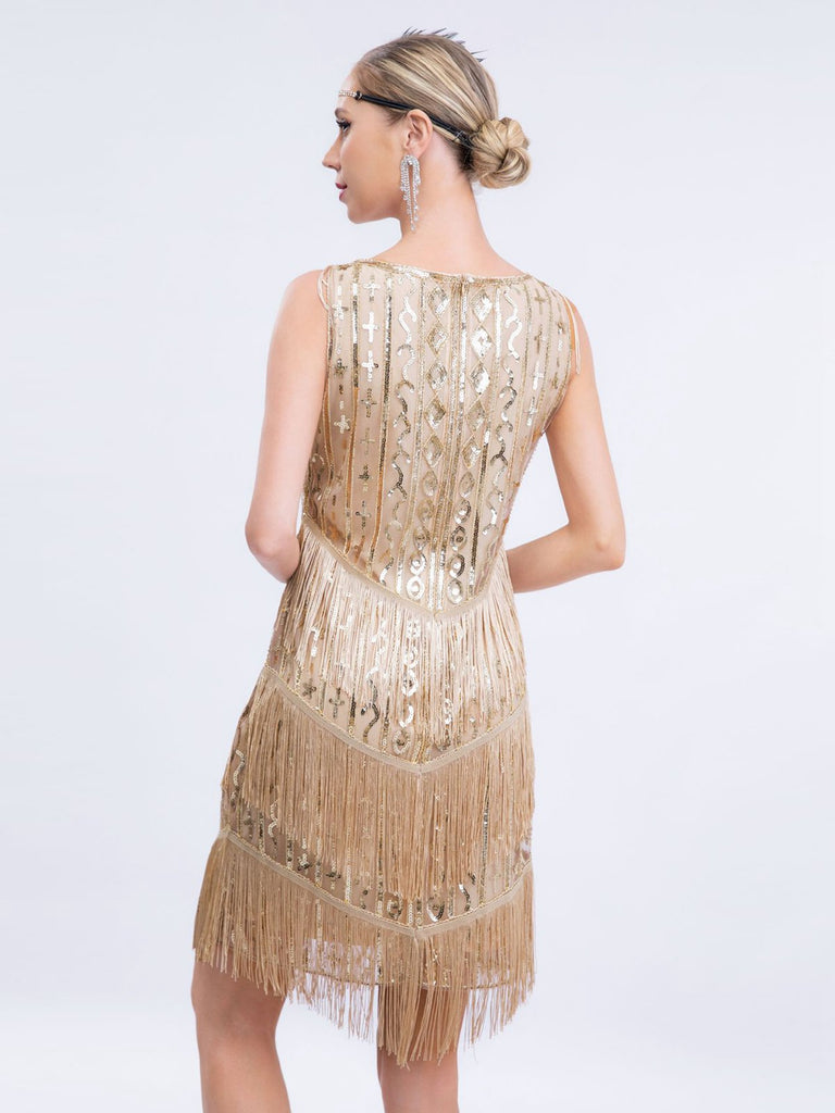 Gold 1920er Gatsby Pailletten Quaste Patchwork Kleid