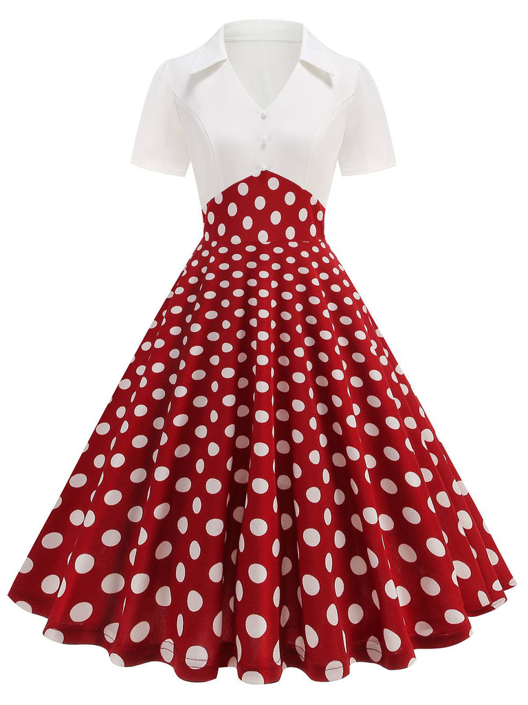 1950er Revers Polka Dots Patchwork Swing Kleid