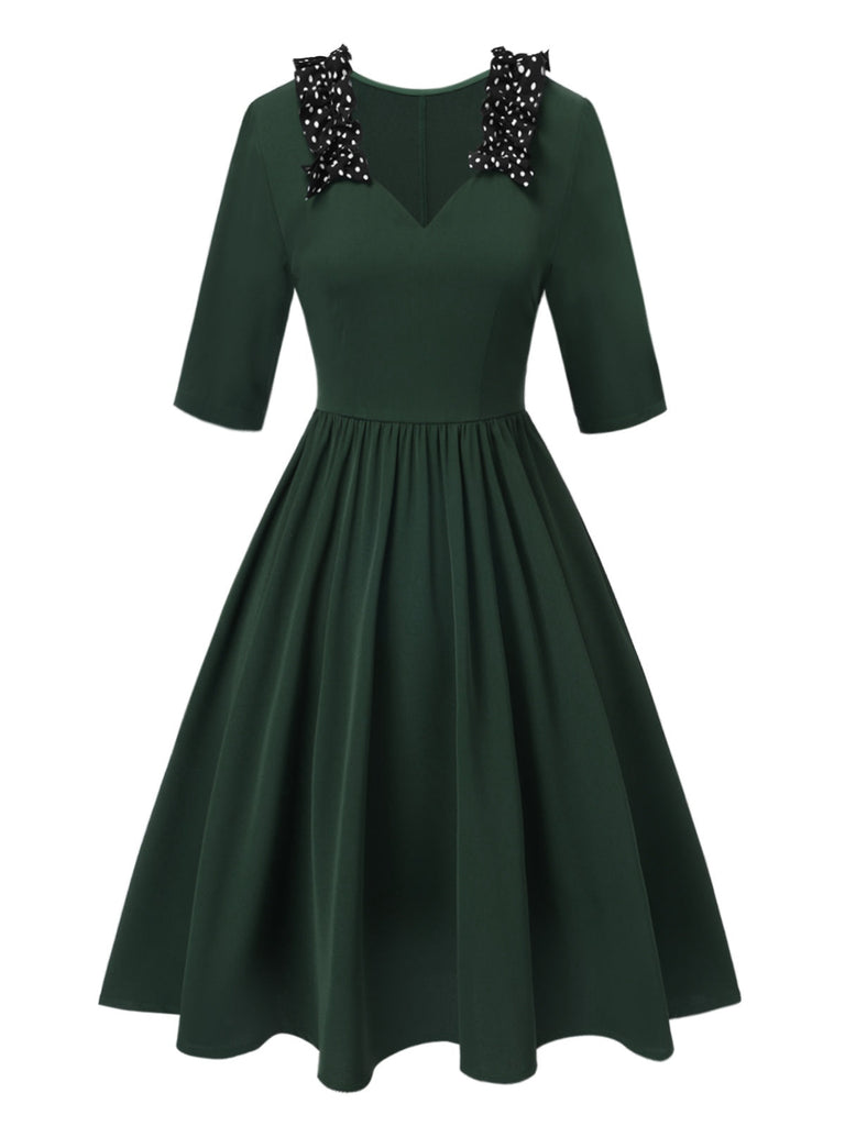 [Vorverkauf] Grün 1950er Dots V-Ausschnitt Rüschenkragen Kleid