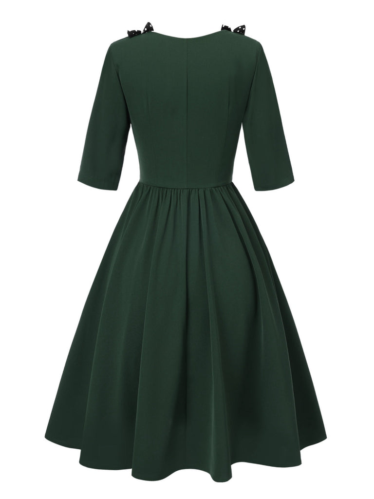 [Vorverkauf] Grün 1950er Dots V-Ausschnitt Rüschenkragen Kleid