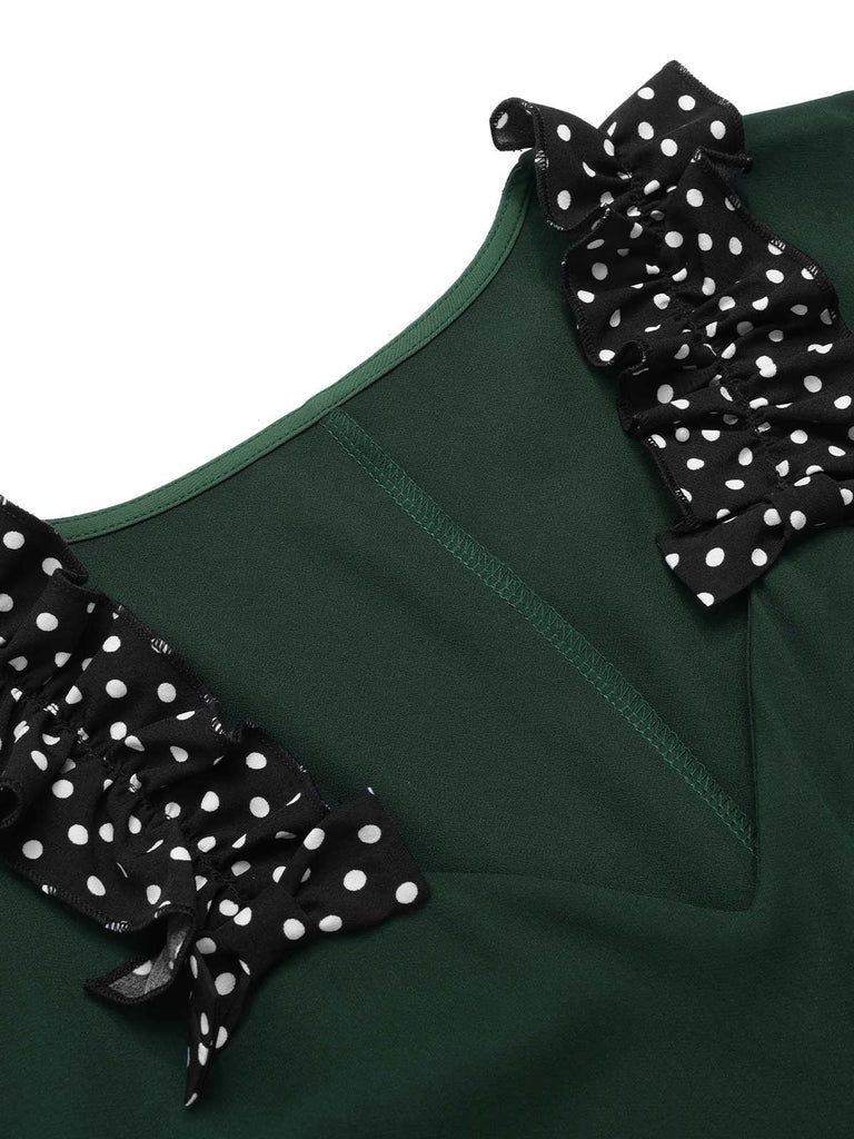 [Vorverkauf] Grün 1950er Dots V-Ausschnitt Rüschenkragen Kleid