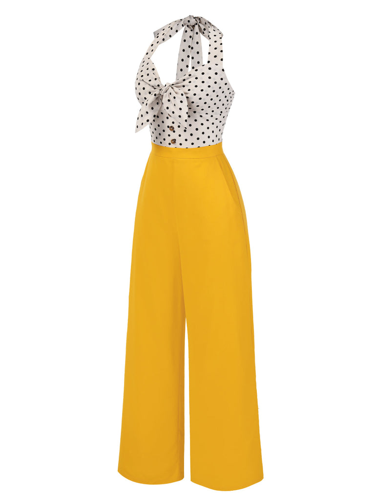 [Vorverkauf] Gelb 1940er Halter Herzförmiger Hals Polka Dots Jumpsuit