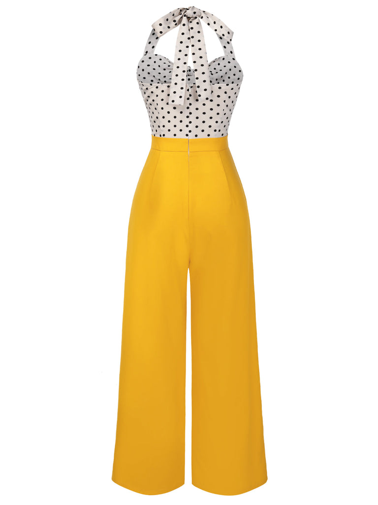 [Vorverkauf] Gelb 1940er Halter Herzförmiger Hals Polka Dots Jumpsuit