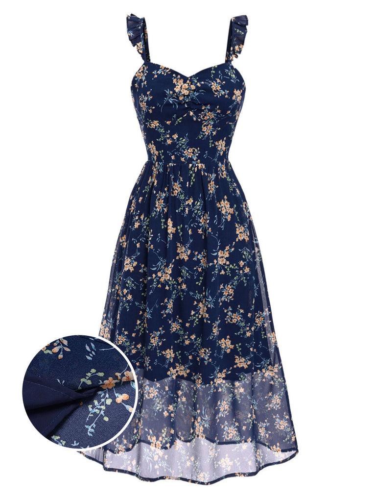 [Vorverkauf] Blau 1940er Rüschen Träger Herzförmiger Hals Blumen Kleid