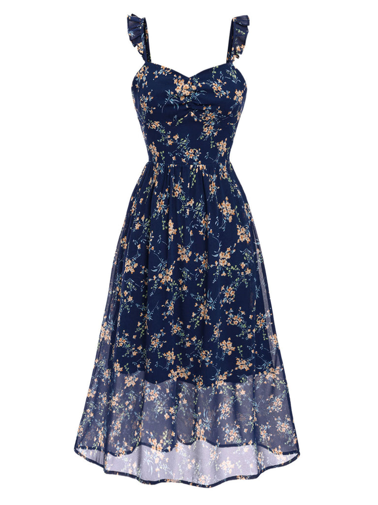 [Vorverkauf] Blau 1940er Rüschen Träger Herzförmiger Hals Blumen Kleid