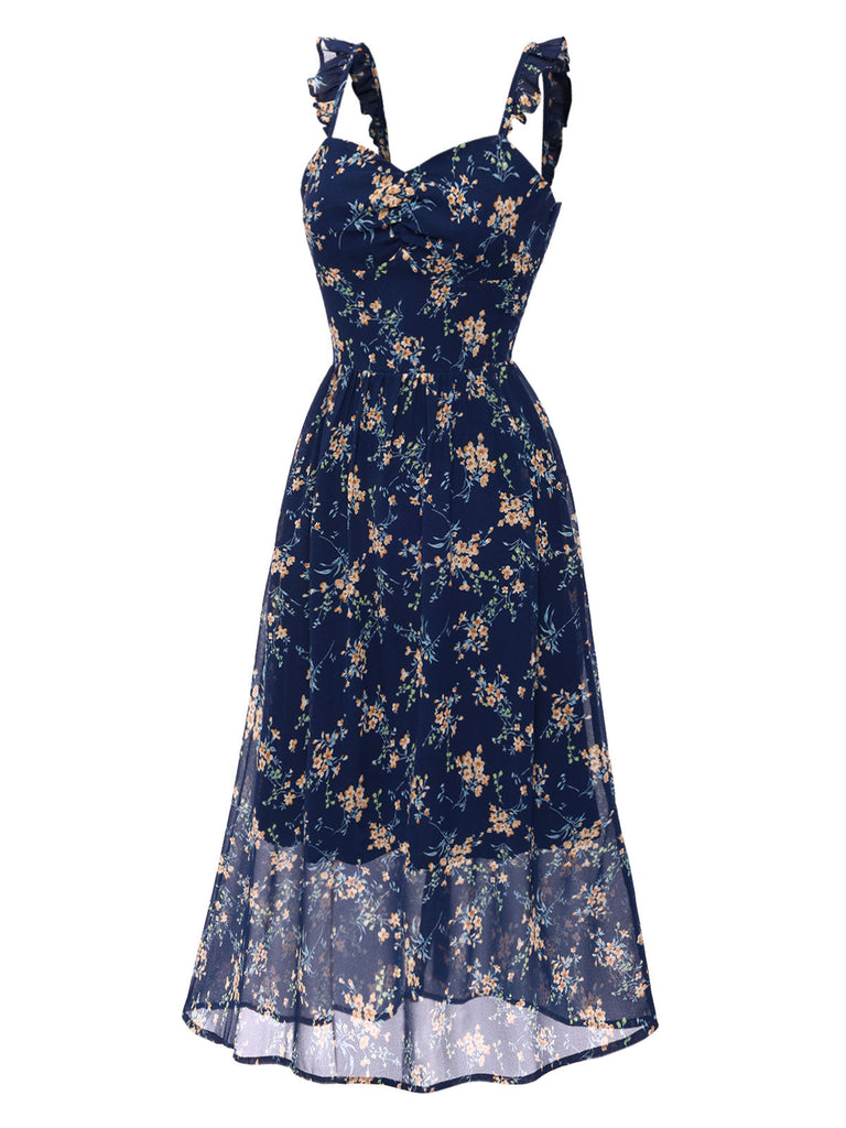 [Vorverkauf] Blau 1940er Rüschen Träger Herzförmiger Hals Blumen Kleid