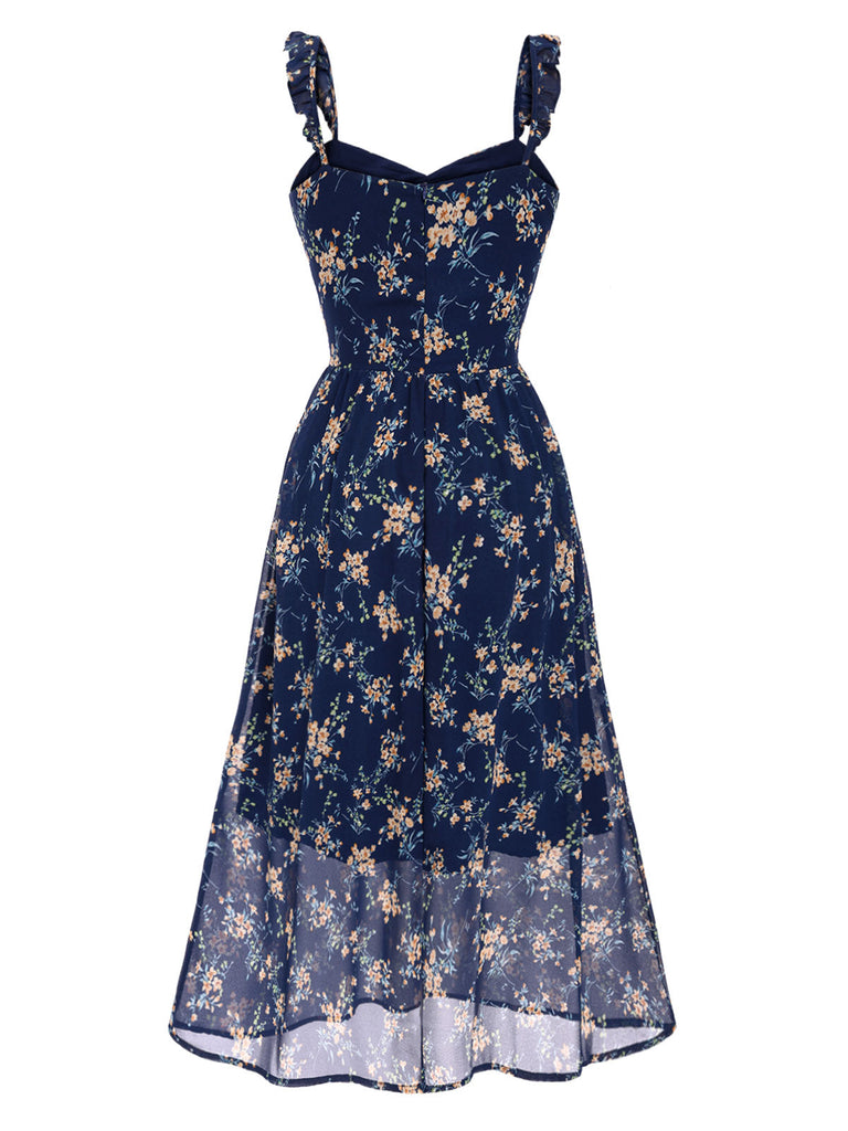 [Vorverkauf] Blau 1940er Rüschen Träger Herzförmiger Hals Blumen Kleid