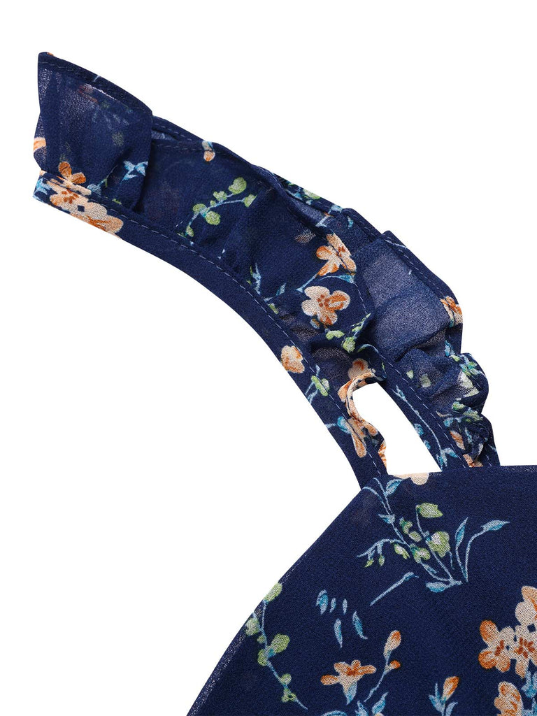 [Vorverkauf] Blau 1940er Rüschen Träger Herzförmiger Hals Blumen Kleid