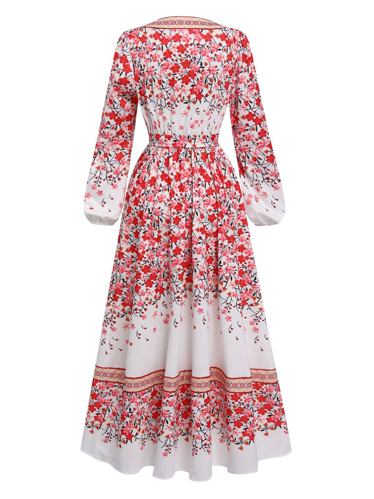 Rosa 1970er Blumen Boho V-Ausschnitt Kleid