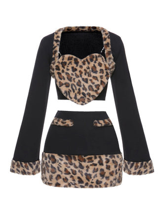 2PCS Schwarz 1960er Plüsch Leopard Herzförmiger Top & Rock & Mantel