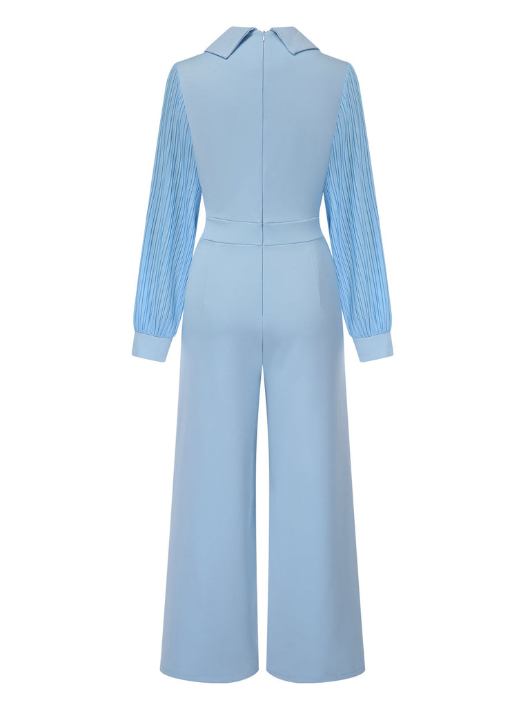 Blau 1930er Kerbkragen Patchwork Jumpsuit