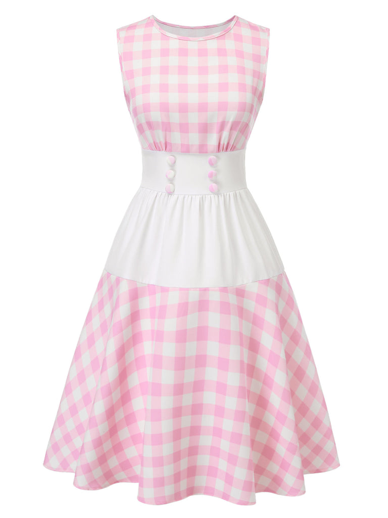 [Vorverkauf] Rosa 1950er Plaids Patchwork Tasten Ärmellos Kleid