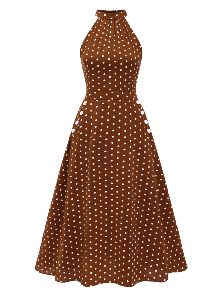 [Vorverkauf] Braun 1940er Polka Dots Tasten Ärmellos Kleid