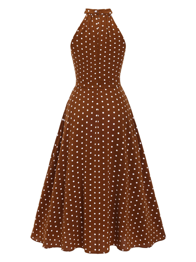 [Vorverkauf] Braun 1940er Polka Dots Tasten Ärmellos Kleid