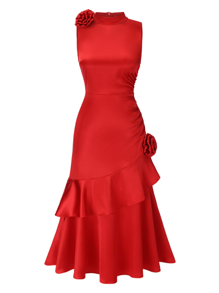 [Vorverkauf] Rot 1930er Standhals 3D-Roses Rüschen Kleid