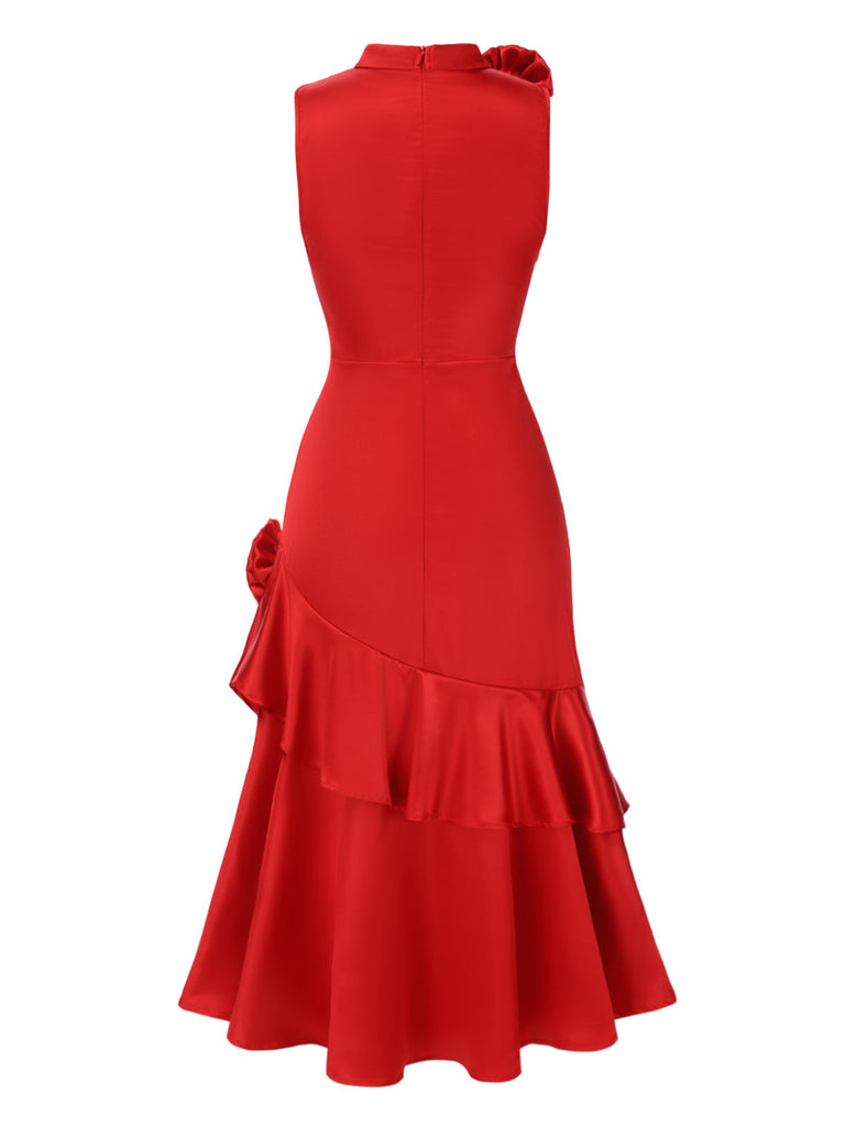 [Vorverkauf] Rot 1930er Standhals 3D-Roses Rüschen Kleid