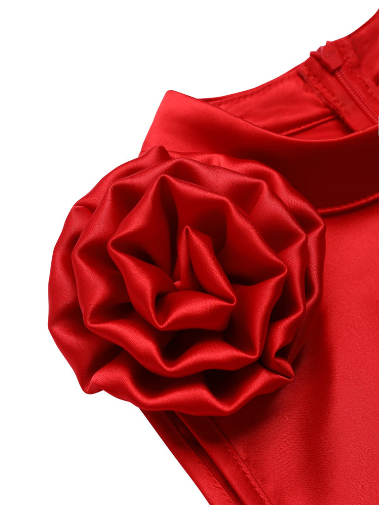 [Vorverkauf] Rot 1930er Standhals 3D-Roses Rüschen Kleid