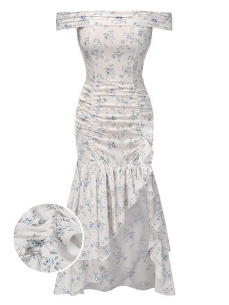 Blau 1930er Schulterfrei Blumen Rüschen Kleid