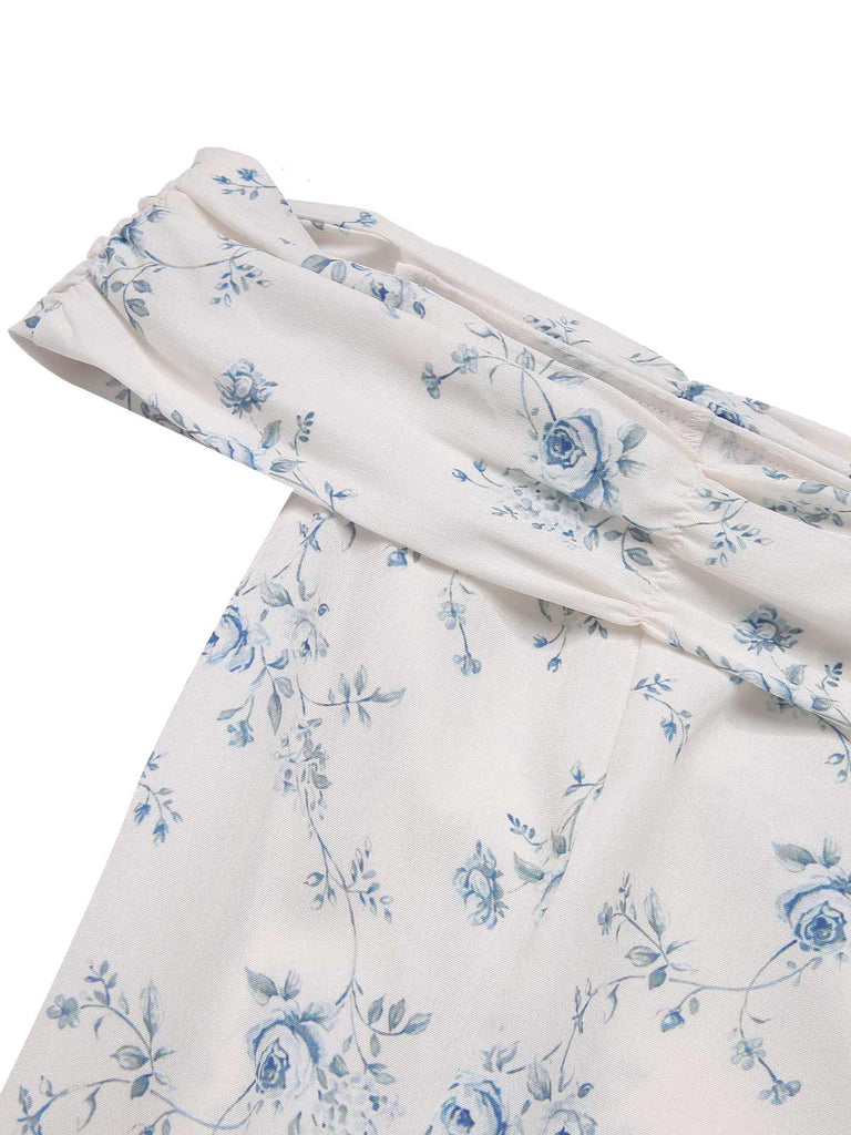 [Vorverkauf] Blau 1930er Schulterfrei Blumen Rüschen Kleid