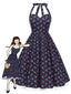 Blau 1950er Halter Spitze Baumwolle Blumen Kleid