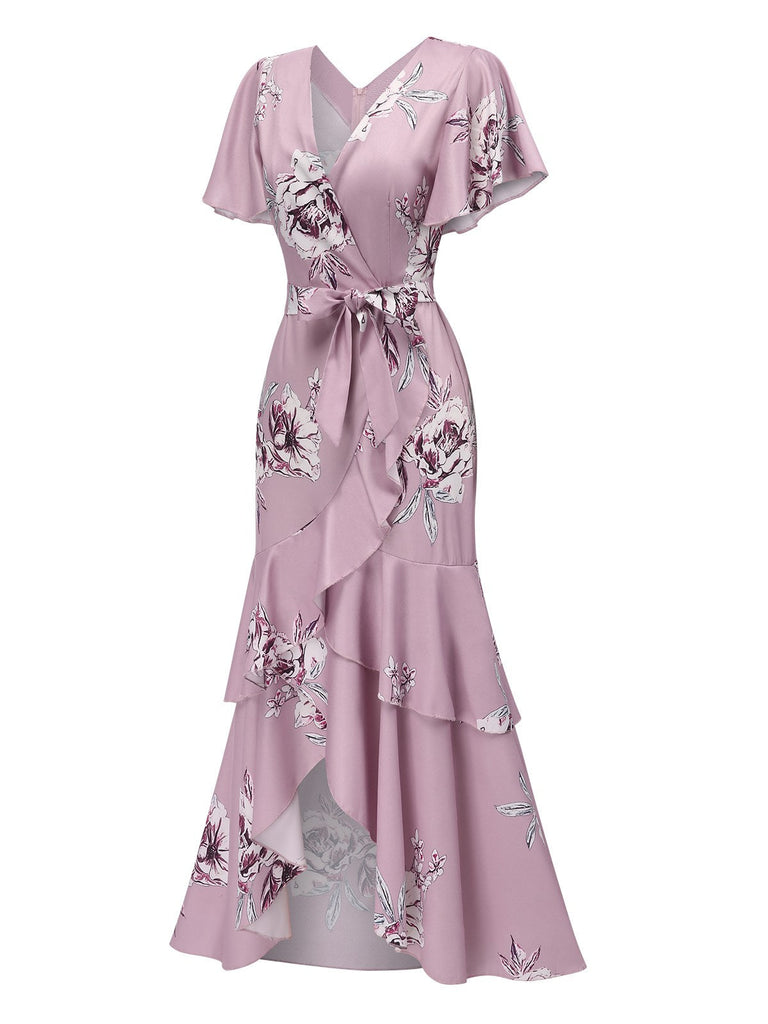 Rosa 1930er Blumen Glockenärmel Meerjungfrauenkleid