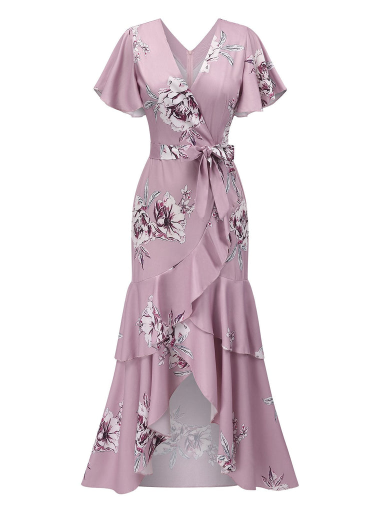 Rosa 1930er Blumen Glockenärmel Meerjungfrauenkleid