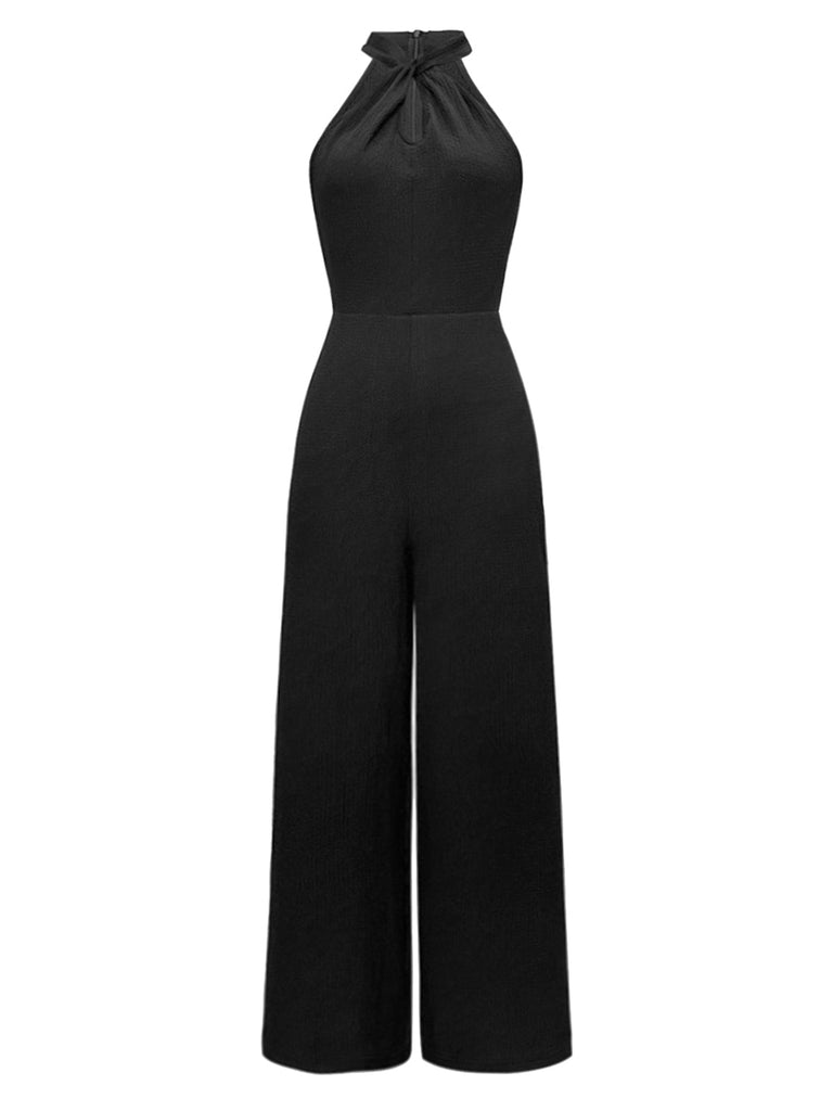 Schwarz 1930er Solide Halter Ärmellos Jumpsuit