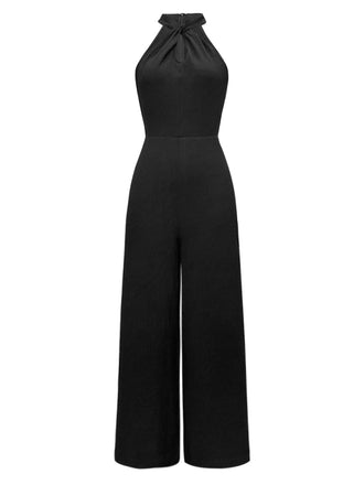 Schwarz 1930er Solide Halter Ärmellos Jumpsuit