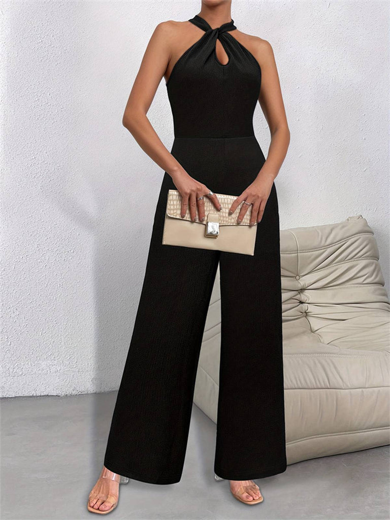 Schwarz 1930er Solide Halter Ärmellos Jumpsuit